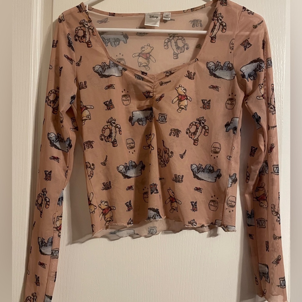 Disney Mesh Top Women MD Pink Excellent Pooh Tigger Eeyore Long Sleeve Crop